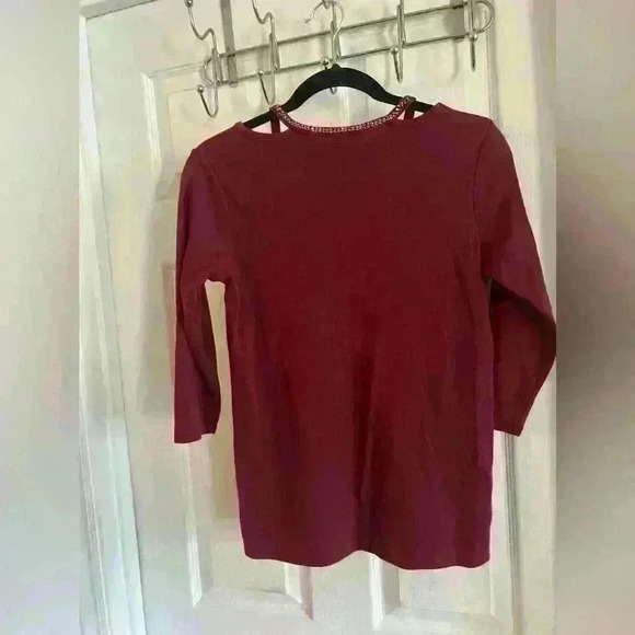 Quacker Factory Blouse XXS Burgundy Rhinestone Neckline Casual 100% Cotton - Picture 7 of 10
